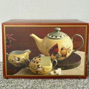 LENOX Winter Greetings Everyday Tea Set w/ Teapot Sugar & Creamer Cardinals NEW